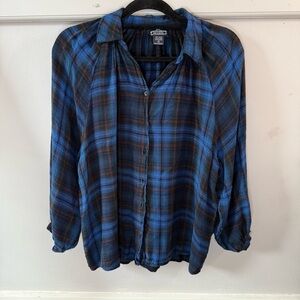 Angie Blue Black Plaid Button-Up Shirt Flannel